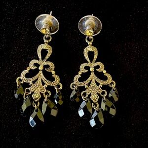 Antique Pewter And Black Crystal Chandelier Earrings